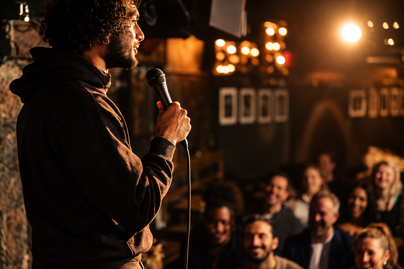 Male comedian performing stand-up for an audience